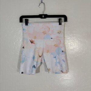 Onzie Shorts Womens S/M White Floral Ribbed High Rise Biker Yoga Gym Athletic